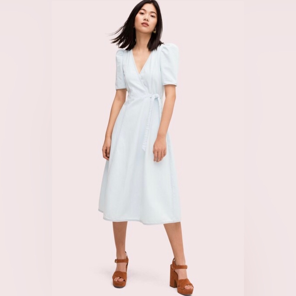Kate Spade New York Light Denim Midi Faux Wrap Short Sleeve Dress Size 6